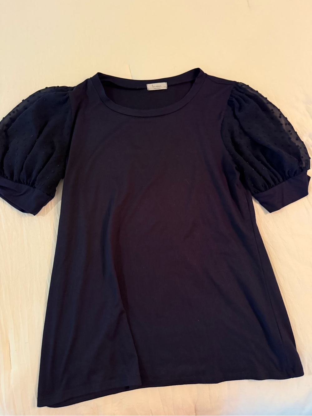 LES AMIS Lace Puff-Sleeve Navy Crewneck Top